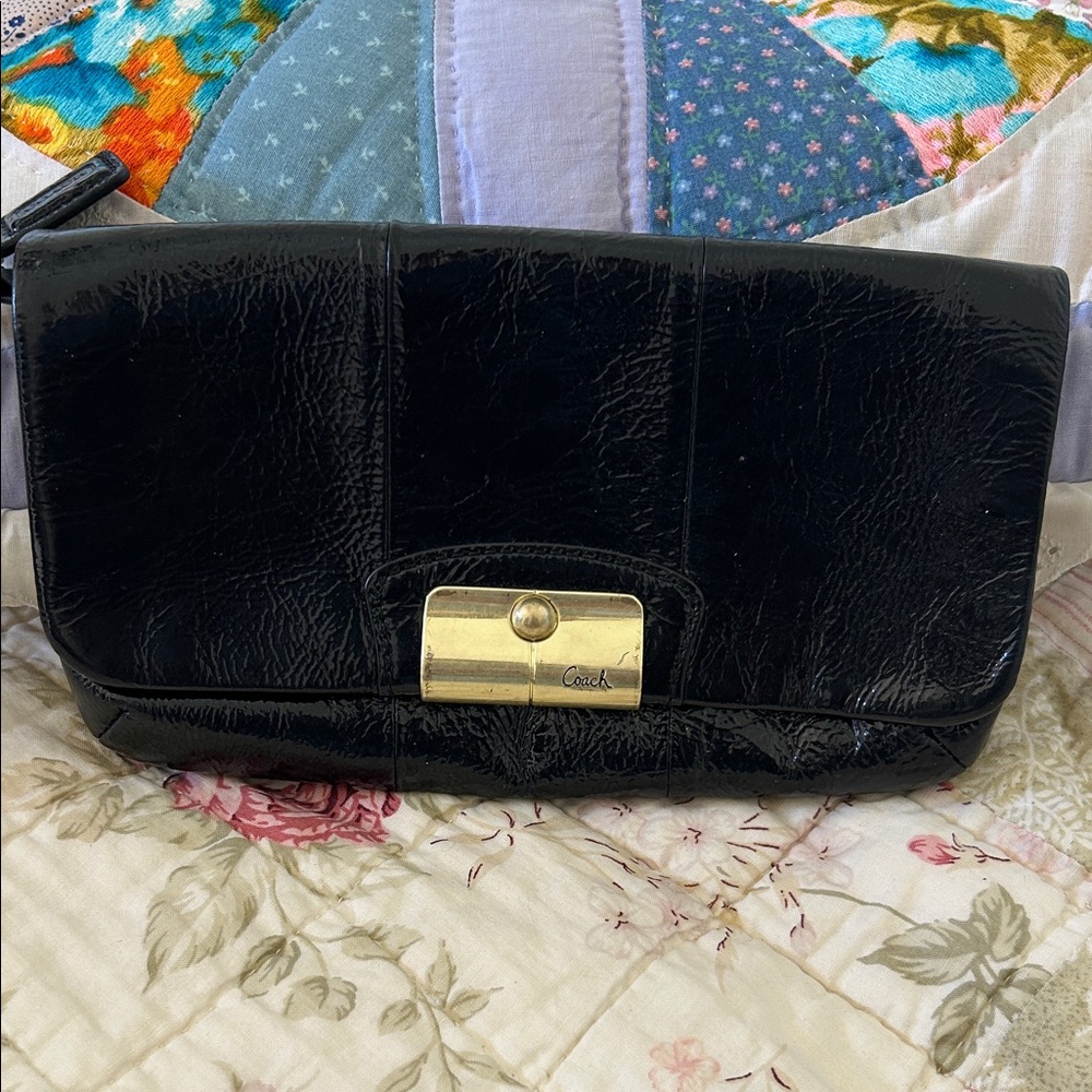 Coach Black Leather Wristlet with Gold Clasp